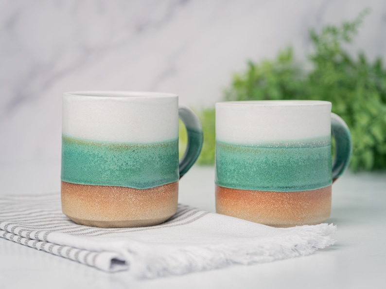 Coffee Mug, Tea Mug: White/Green, 12 14 oz, Stoneware, Handmade image 4
