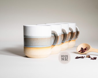 Juego de 4 tazas de café, té, blanco, marrón y azul, 14 oz, ideal como regalo para amantes del café, ideal para los amantes del té, vajilla de cerámica de estilo terroso, cerámica única.