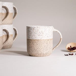 Ceramic Coffee Tea Mug Speckled White 14 oz Earthy Rustic Modern Aesthetic Unique Pottery Contemporary Dinnerware Decor Gift