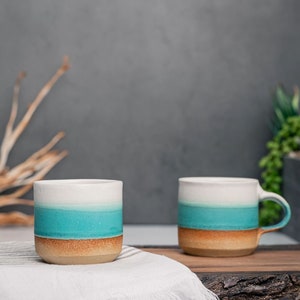 One Espresso/Cortado Cup with or without handle: Turquoise/White, 4 5.5 oz, Handmade, Stoneware image 2