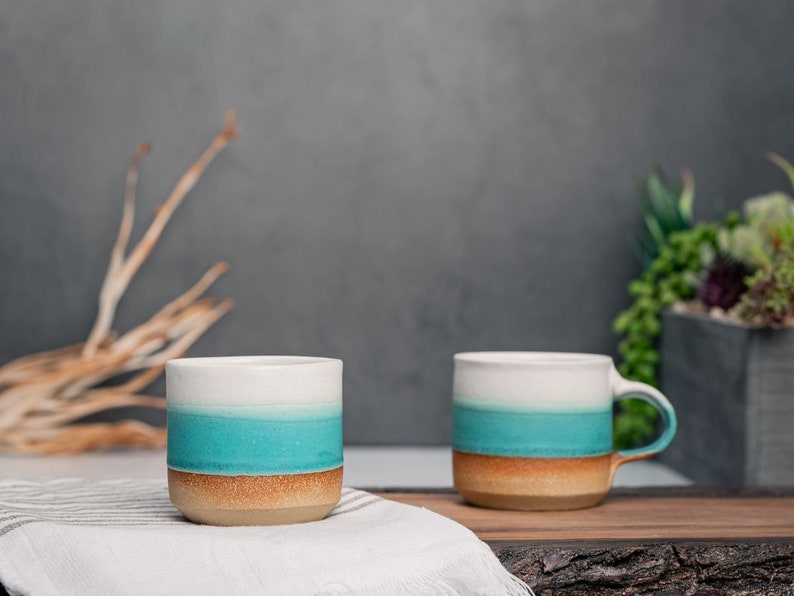 One Espresso/Cortado Cup with or without handle: Turquoise/White, 4 5.5 oz, Handmade, Stoneware image 2