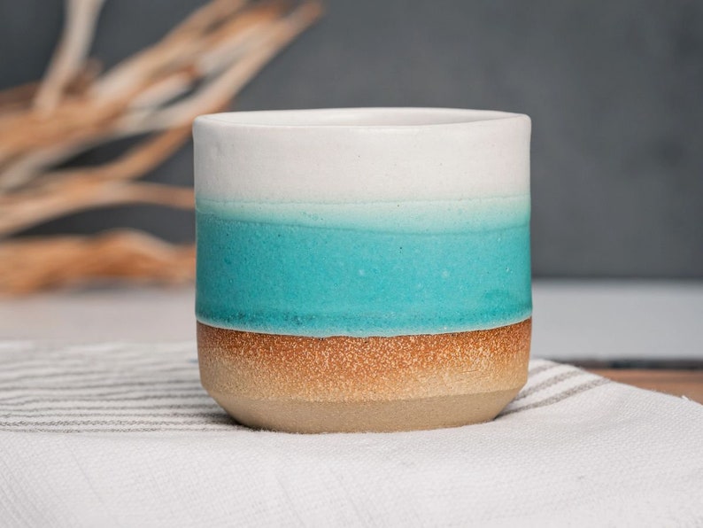 One Espresso/Cortado Cup with or without handle: Turquoise/White, 4 5.5 oz, Handmade, Stoneware image 9