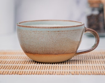 Cappuccino Cup, Latte Cup: Brown-GreyBlue/White, approximately 8-10 oz, Stoneware, Handmade