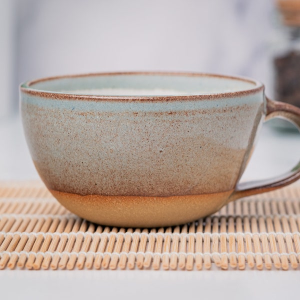 Cappuccino Cup, Latte Cup: Brown-GreyBlue/White, approximately 8-10 oz, Stoneware, Handmade