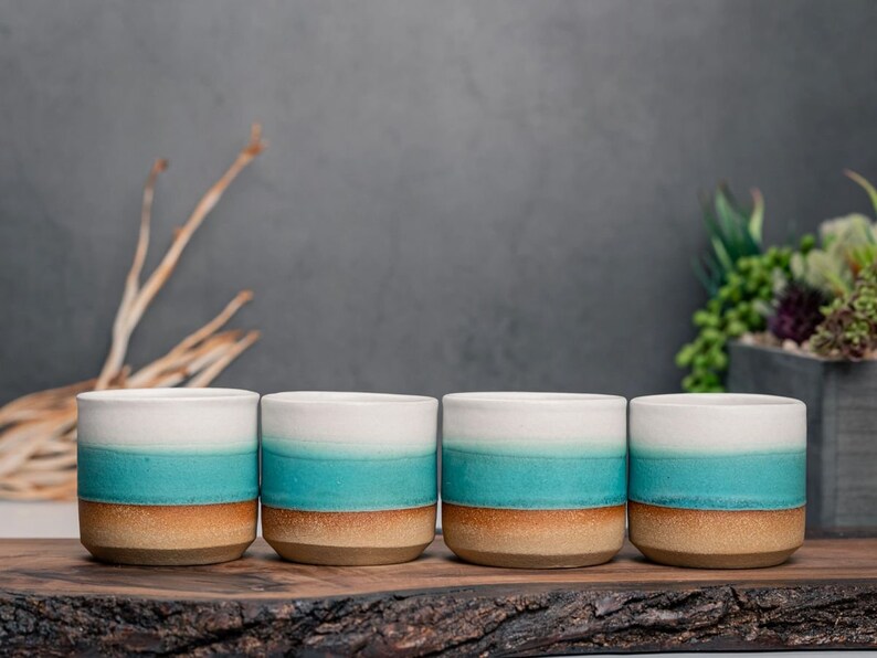 One Espresso/Cortado Cup with or without handle: Turquoise/White, 4 5.5 oz, Handmade, Stoneware image 7