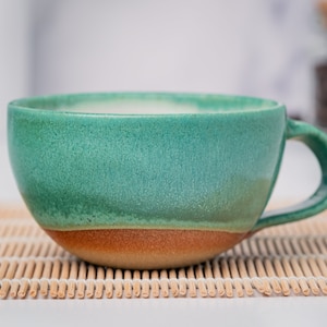 Cappuccino Cup, Latte Cup: Green/White, approximately 8 - 10 oz, Stoneware, Handmade