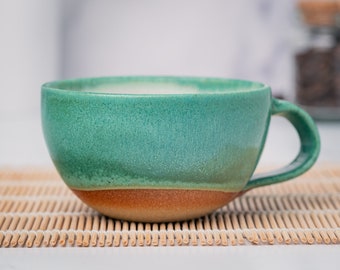 Cappuccino Cup, Latte Cup: Green/White, approximately 8-10 oz, Stoneware, Handmade