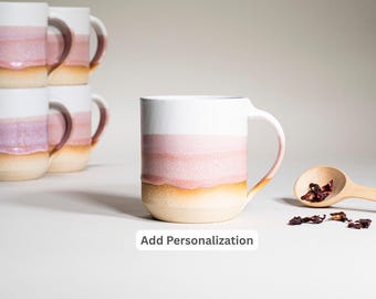 Taza de cerámica para café y té hecha a mano, color rosa y blanco, 14 oz, estilo rústico terroso, estética moderna, cerámica única, vajilla contemporánea, decoración, regalo