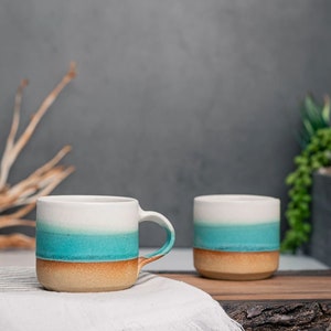 One Espresso/Cortado Cup with or without handle: Turquoise/White, 4 5.5 oz, Handmade, Stoneware image 1