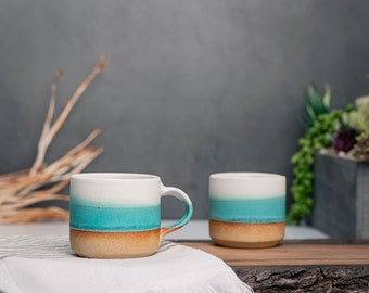 One Espresso/Cortado Cup (with or without handle): Turquoise/White, 4 - 5.5 oz, Handmade, Stoneware