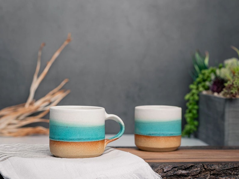 One Espresso/Cortado Cup with or without handle: Turquoise/White, 4 5.5 oz, Handmade, Stoneware image 1