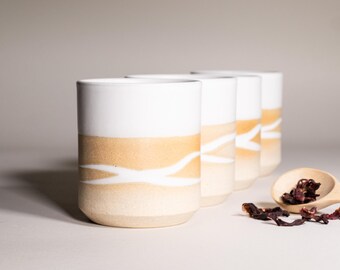 Juego de 4 tazas rústicas de agua en color blanco arena de 14 oz para café helado, cerámica de gres, decoración para la mesa del comedor como recuerdo de fiesta de cumpleaños de verano.