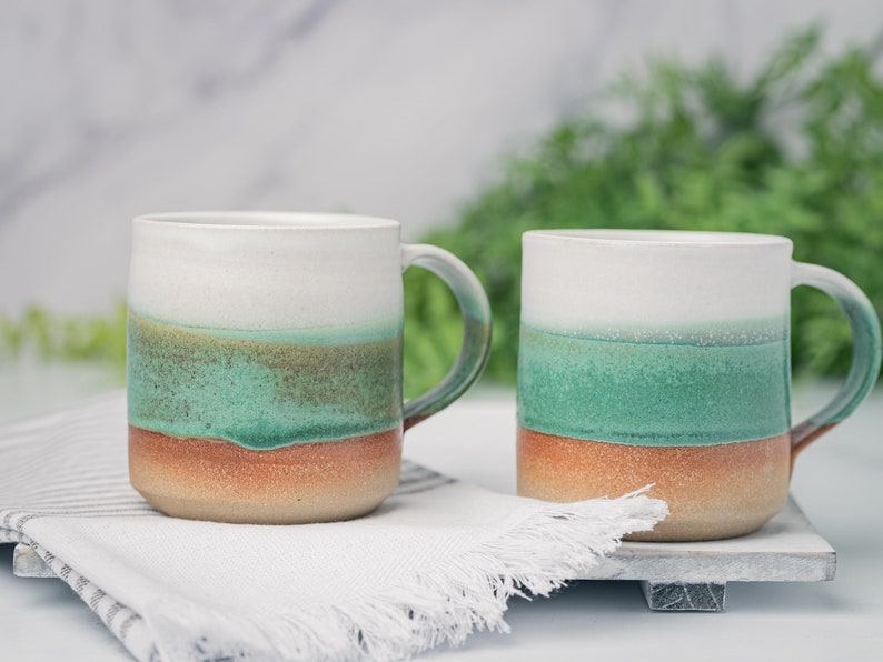 Coffee Mug, Tea Mug: White/Green, 12 14 oz, Stoneware, Handmade image 5