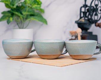 Modern Cappuccino Cup in Blue Grey White 8-10 oz Latte Cup for Home Brewing Gift for Barista Coffee Bar Unique Ceramics Housewarming Gift