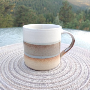 Coffee Mug, Tea Mug: White/Brown-GreyBlue, 12 14 oz, Stoneware, Handmade image 7