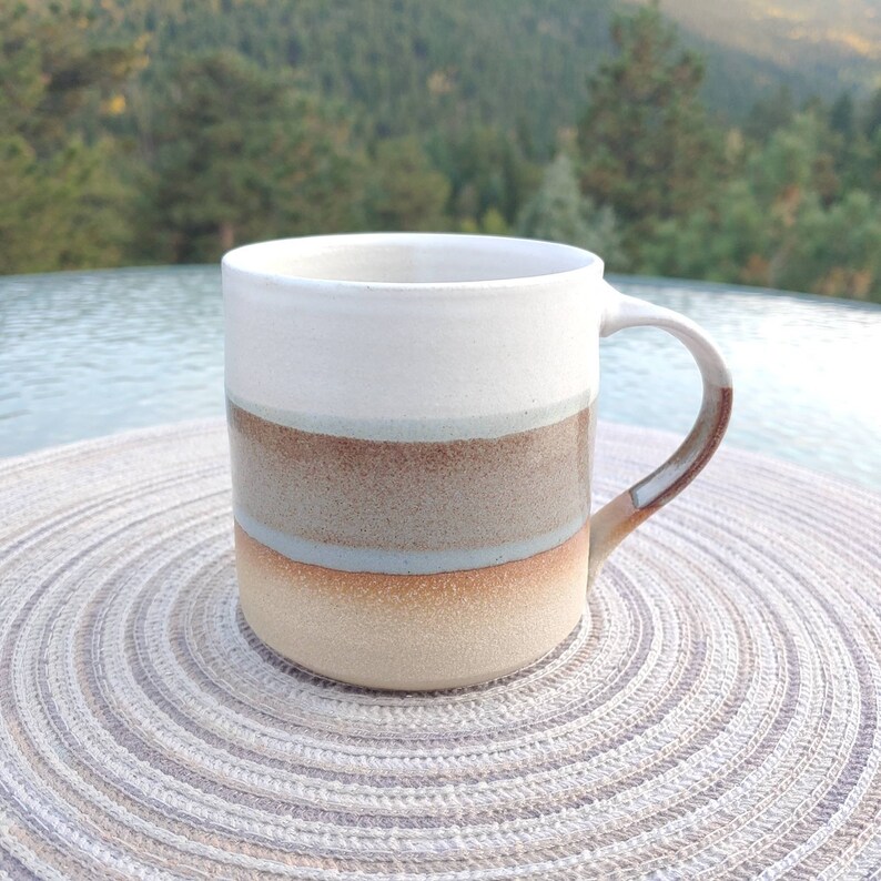 Coffee Mug, Tea Mug: White/Brown-GreyBlue, 12 14 oz, Stoneware, Handmade image 7