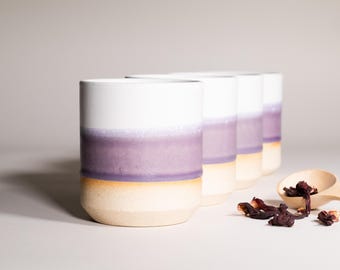 Juego de 4 vasos estéticos en morado y blanco de 14 oz sin asas para amantes del bienestar. Vajilla de gres para instructores de estilo de vida saludable.