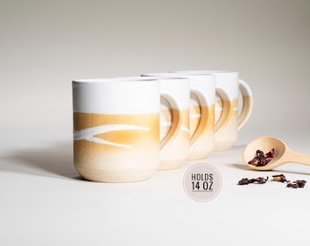 Juego de 4 tazas de cerámica para café y té, color blanco arena con cola de 14 oz, estilo rústico terroso, moderno, cerámica única, vajilla contemporánea, regalo