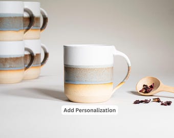 Handmade Ceramic White Brown Blue Mug 14 oz for Coffee Lover Gift Idea for Tea Enthusiast Earthy Stoneware Dinnerware Unique Rustic Pottery
