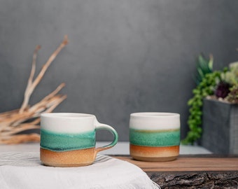 One Espresso/Cortado Cup (with or without handle): Green/White, 4-5.5 oz, Handmade, Stoneware