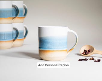 Taza de cerámica para café y té hecha a mano, color azul hielo y blanco, 14 oz, terroso, rústico, moderno, estética única, cerámica contemporánea, vajilla decorativa, regalo