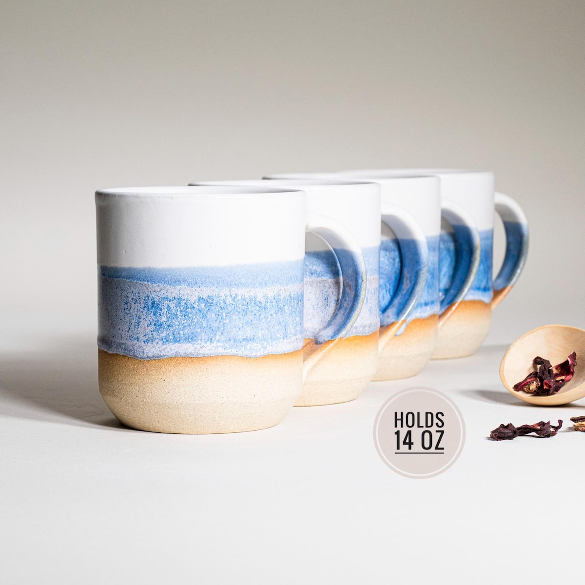 Set of 4 Ceramic Coffee Tea Mugs Blue-Purple White 14 oz Earthy Rustic Modern Aesthetic Unique Pottery Contemporary Dinnerware