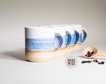 Juego de 4 tazas de cerámica para café, té y café, color azul, morado y blanco, 14 oz, estilo rústico terroso, moderno, estético, cerámica única, vajilla contemporánea.
