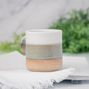 Coffee Mug, Tea Mug: White/Brown-GreyBlue, 12 14 oz, Stoneware, Handmade image 4