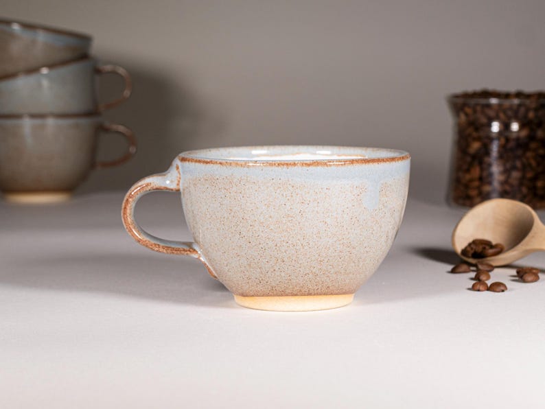 Cappuccino Cup, Latte Cup: Brown-Blue/White, approximately 10-12 oz, Stoneware afbeelding 4