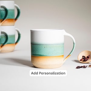 Handmade Ceramic Coffee Tea Mug Green White 14 oz Earthy Rustic Modern Aesthetic Unique Pottery Contemporary Dinnerware Decor Gift