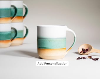 Handmade Ceramic Coffee Tea Mug Green White 14 oz Earthy Rustic Modern Aesthetic Unique Pottery Contemporary Dinnerware Decor Gift
