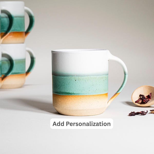 Taza de cerámica hecha a mano para café o té, verde y blanca, 414 ml, estilo rústico moderno, cerámica única, vajilla contemporánea, decoración, regalo.