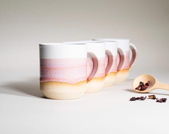 Juego de cuatro tazas de cerámica para café y té hechas a mano, color rosa y blanco, 14 oz, estilo rústico terroso, moderno, estético, cerámica única, vajilla contemporánea, regalo