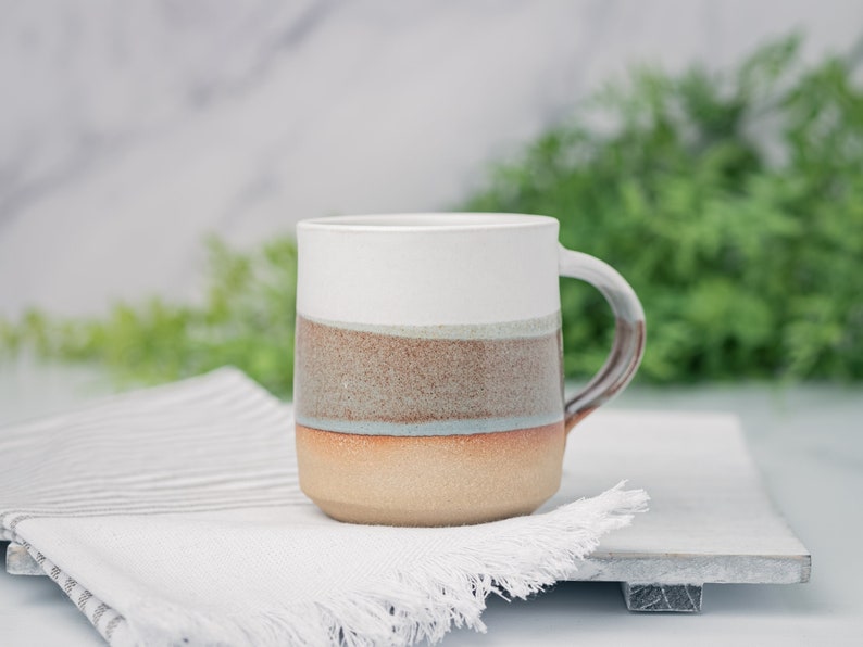 Coffee Mug, Tea Mug: White/Brown-GreyBlue, 12 14 oz, Stoneware, Handmade image 1