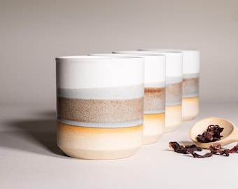 Juego de 4 tazas artesanales de color marrón, azul y blanco de 14 oz para amantes del café con leche helado, decoración de bar, cerámica apilable, diseño que ahorra espacio.