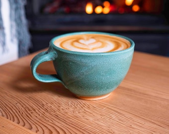 Cappuccino Cup, Latte Cup: Green/White, approximately 10-12 oz, Stoneware