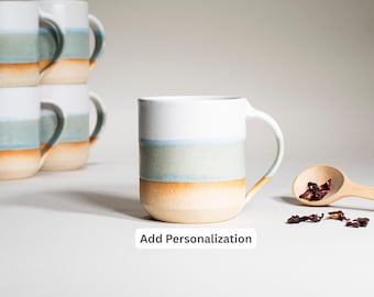 Handmade Ceramic Coffee Tea Mug Light Blue White 14 oz Earthy Rustic Modern Aesthetic Unique Pottery Contemporary Dinnerware Decor Gift