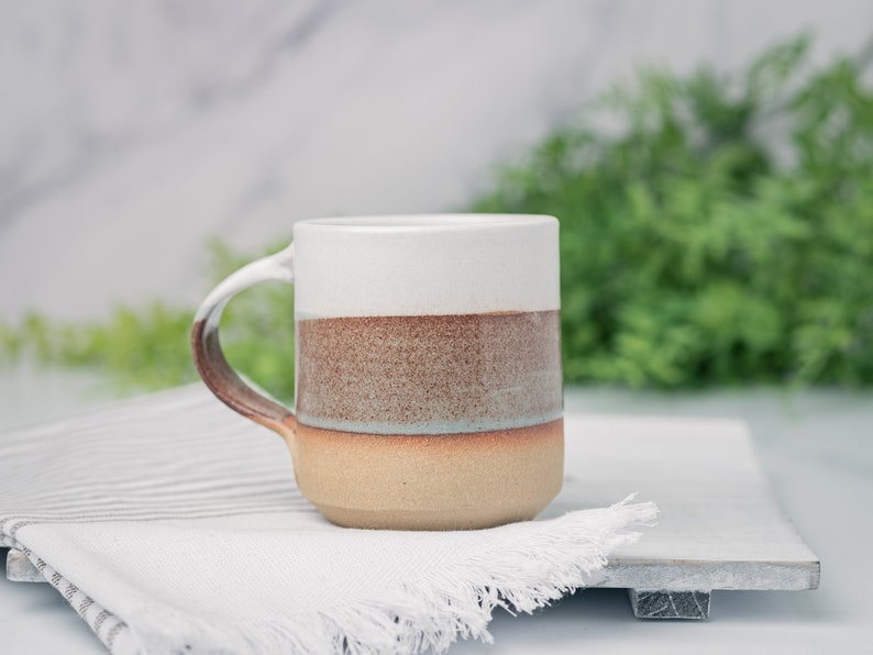 Coffee Mug, Tea Mug: White/Brown-GreyBlue, 12 14 oz, Stoneware, Handmade image 5