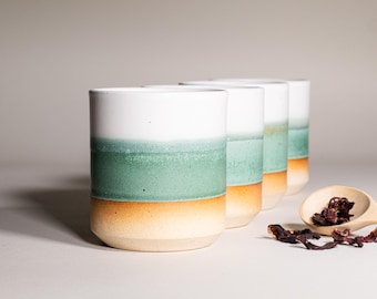 Juego de 4 vasos modernos verdes y blancos de 14 oz para bebidas frías, tazas de cerámica con temática botánica para cocina, vajilla de gres, decoración para fiestas de jardín