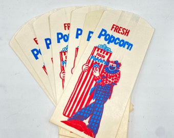 Vintage Fresh Popcorn Clown Bags Set of 7 | NOS Unused, Party Favors, Circus, Ephemera