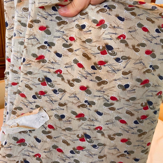 Vintage INTREND Modernist Bird Fabric | MCM Abstract Beige Taupe Blue Red Brown Geometric Cotton Poly Blend