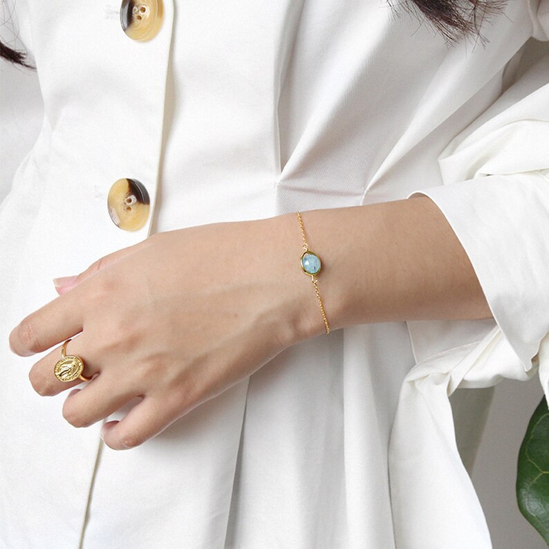 Hypoallergenic Skinny Chain Cuff Bracelet. RAWSOUL Dainty Moonstone Bracelet Sterling Silver Gold-Plated Aquamarine See Charming