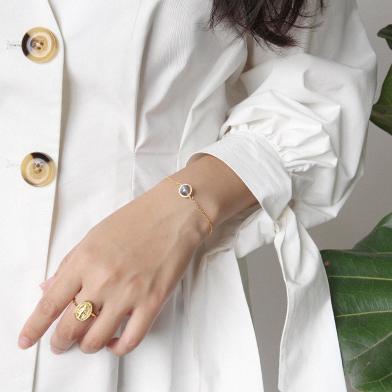 Hypoallergenic Skinny Chain Cuff Bracelet. RAWSOUL Dainty Moonstone Bracelet Sterling Silver Gold-Plated Aquamarine See Charming