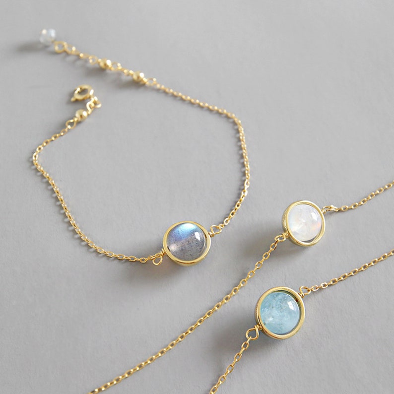 Hypoallergenic Skinny Chain Cuff Bracelet. RAWSOUL Dainty Moonstone Bracelet Sterling Silver Gold-Plated Aquamarine See Charming