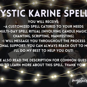 Pode incluir: Imagem publicit&aacute;ria de "Mystic Karine Spells". O texto promete um feiti&ccedil;o personalizado, um ritual de v&aacute;rios dias e apoio pessoal. A imagem inclui velas, luzes de fadas e uma nota manuscrita que diz "I wish".