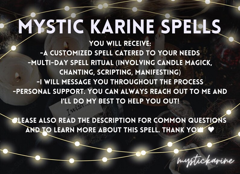 Pode incluir: Imagem publicit&aacute;ria de "Mystic Karine Spells". O texto promete um feiti&ccedil;o personalizado, um ritual de v&aacute;rios dias e apoio pessoal. A imagem inclui velas, luzes de fadas e uma nota manuscrita que diz "I wish".