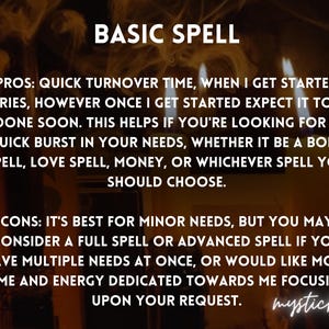 Pode incluir: Imagem com texto que diz "BASIC SPELL" e detalhes sobre os pr&oacute;s e contras de um feiti&ccedil;o b&aacute;sico. O texto menciona tempo de resposta r&aacute;pido e feiti&ccedil;os para o corpo, amor e dinheiro. A imagem tem um fundo escuro.