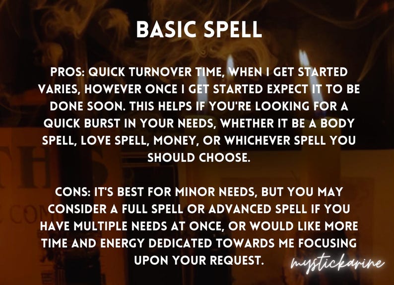 Pode incluir: Imagem com texto que diz "BASIC SPELL" e detalhes sobre os pr&oacute;s e contras de um feiti&ccedil;o b&aacute;sico. O texto menciona tempo de resposta r&aacute;pido e feiti&ccedil;os para o corpo, amor e dinheiro. A imagem tem um fundo escuro.