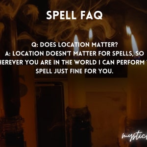 Pode incluir: Imagem de uma cena m&iacute;stica com tr&ecirc;s velas acesas e fuma&ccedil;a. O texto sobreposto diz "SPELL FAQ" e responde &agrave; pergunta "DOES LOCATION MATTER?" com a resposta de que a localiza&ccedil;&atilde;o n&atilde;o importa para feiti&ccedil;os. A imagem inclui o texto "mystickarine".