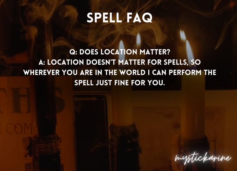 Pode incluir: Imagem de uma cena m&iacute;stica com tr&ecirc;s velas acesas e fuma&ccedil;a. O texto sobreposto diz "SPELL FAQ" e responde &agrave; pergunta "DOES LOCATION MATTER?" com a resposta de que a localiza&ccedil;&atilde;o n&atilde;o importa para feiti&ccedil;os. A imagem inclui o texto "mystickarine".
